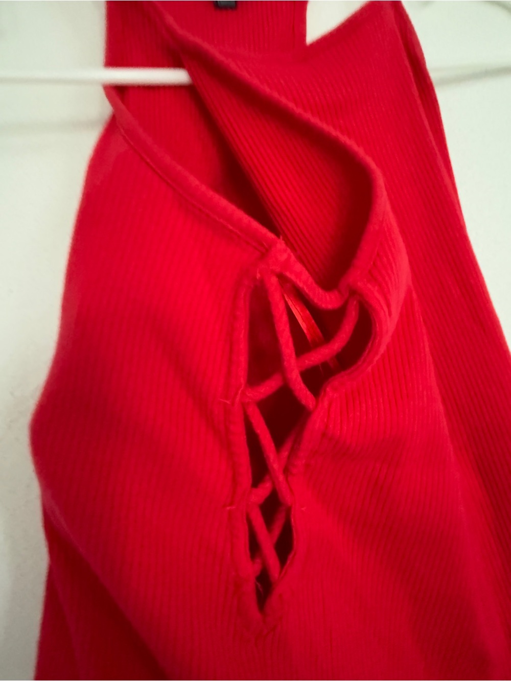 Red Ribbed Lace-Up Tank Top - Picture 6 of 6